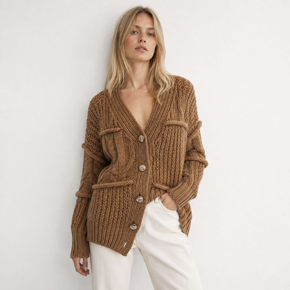 Leela & Lavender Oversized Tan Boyfriend Grandpa Cable Knit Cardigan Sweater L